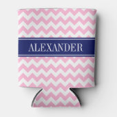 Roze Witte Chevron Navy Naam Monogram Blikjeskoeler (Voorkant)