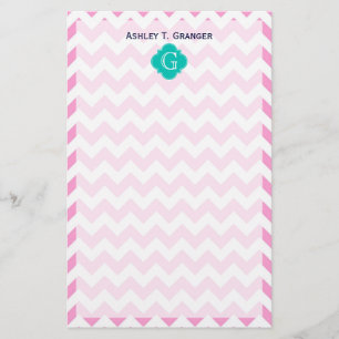 Roze witte Chevron Zigzag Blauwgroen Quatrefoil Mo Briefpapier