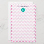 Roze witte Chevron Zigzag Blauwgroen Quatrefoil Mo Briefpapier (Voorkant / Achterkant)