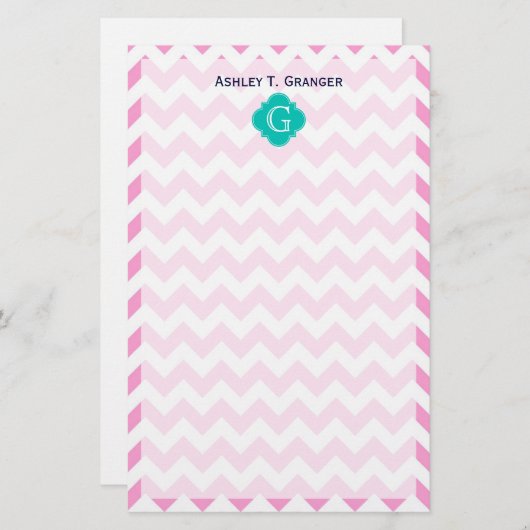Roze witte Chevron Zigzag Blauwgroen Quatrefoil Mo Briefpapier (Voorkant / Achterkant)