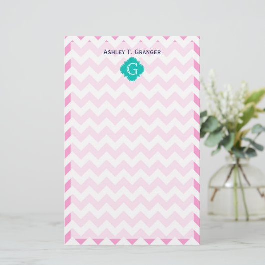 Roze witte Chevron Zigzag Blauwgroen Quatrefoil Mo Briefpapier (Staand voorkant)