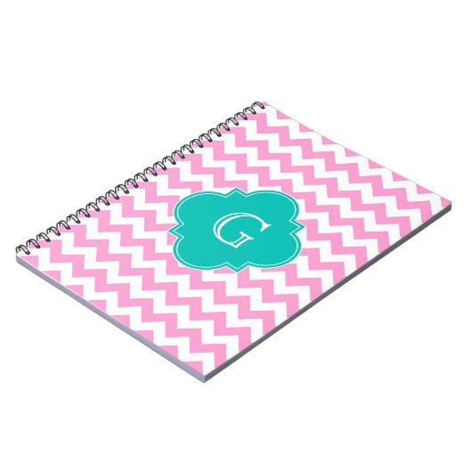 Roze witte Chevron Zigzag Blauwgroen Quatrefoil Mo Notitieboek (Linkerzijde)