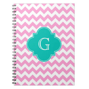 Roze witte Chevron Zigzag Blauwgroen Quatrefoil Mo Notitieboek