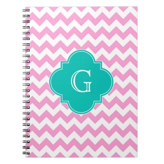 Roze witte Chevron Zigzag Blauwgroen Quatrefoil Mo Notitieboek (Voorkant)