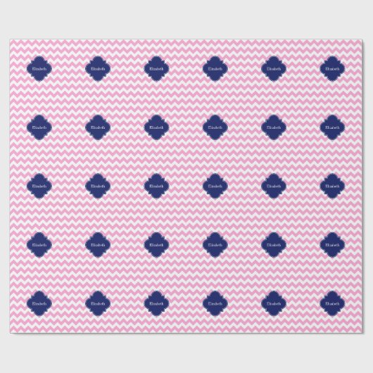 Roze witte Chevron Zigzag Navy Quatrefoil Monogram Cadeaupapier (Vlak)