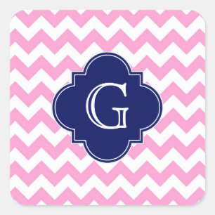 Roze witte Chevron Zigzag Navy Quatrefoil Monogram Vierkante Sticker