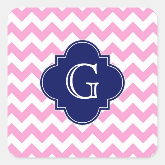 Roze witte Chevron Zigzag Navy Quatrefoil Monogram Vierkante Sticker (Voorkant)