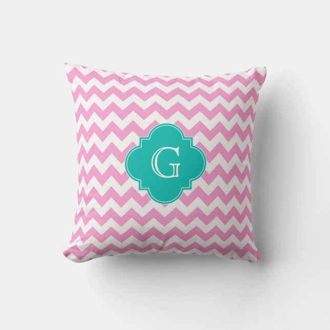 Roze Witte Chevron Zigzag Turquoise Vierblad Monog Kussen (Voorkant)