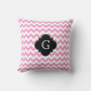 Roze Witte Chevron Zigzag Zwart Quatrefoil Monogra Kussen