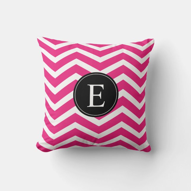 Roze witte Chevron zwart monogram Kussen (Voorkant)