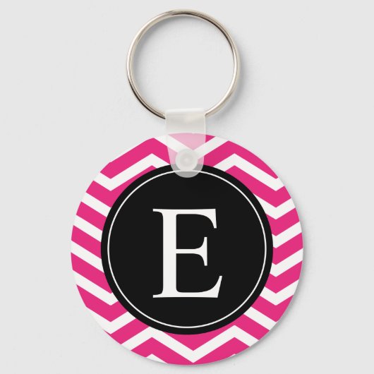 Roze witte Chevron zwart monogram Sleutelhanger (Voorkant)
