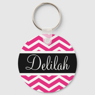 Roze witte Chevron Zwarte Naam Sleutelhanger