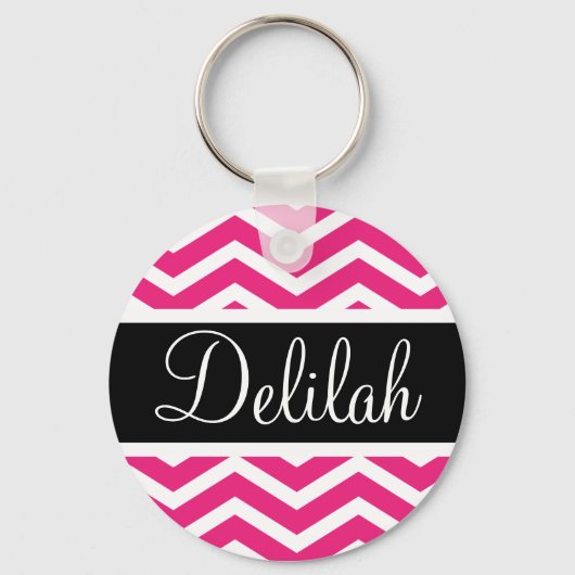 Roze witte Chevron Zwarte Naam Sleutelhanger (Voorkant)