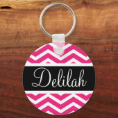 Roze witte Chevron Zwarte Naam Sleutelhanger (Voorkant)