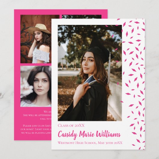 Roze Witte Confetti Afstudeer Uitnodiging (Voorkant / Achterkant)