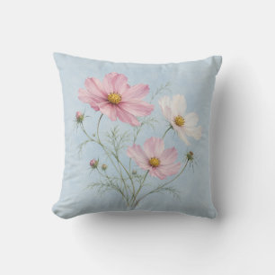 Roze Witte Cosmos Hemelblauwe Botanische Waterverf Kussen
