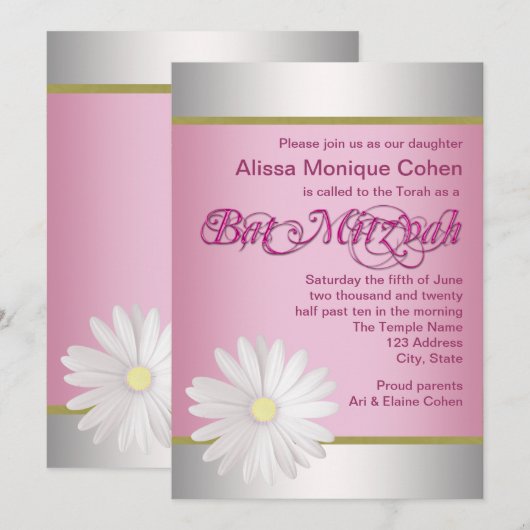 Roze Witte Daisy Bat Mitswa Uitnodigingen (Voorkant / Achterkant)