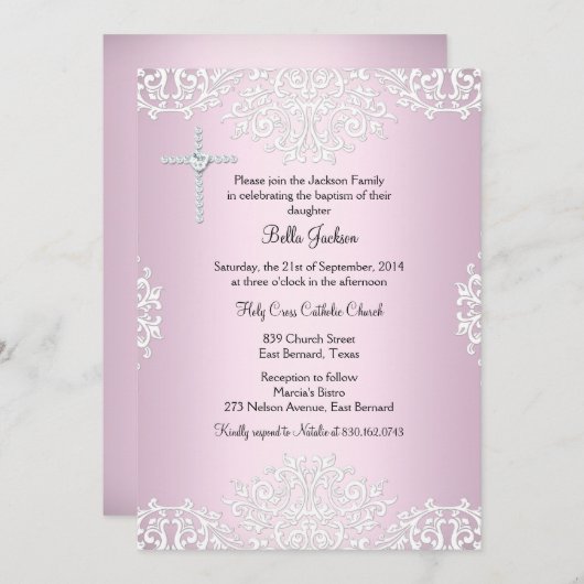Roze witte Damask Baptism/Christening Invite Kaart (Voorkant / Achterkant)
