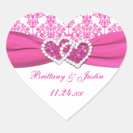 Roze, witte Damask Joined Hearts Bruiloft Sticker