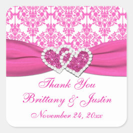 Roze, witte Damask Joined Hearts Bruiloft Sticker