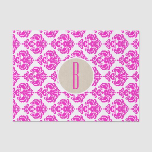 Roze Witte Damask Kraft Monogram Letter Initiaal Tissuepapier (Voorkant)