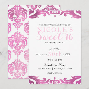 Roze & Witte Damast Chic Elegante Sweet 16 Feest Kaart