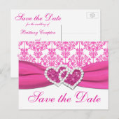 Roze, Witte Damast Harten Save the Date Briefkaart (Voorkant / Achterkant)