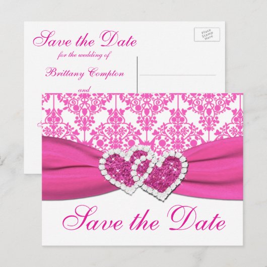 Roze, Witte Damast Harten Save the Date Briefkaart (Voorkant / Achterkant)