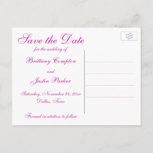 Roze, Witte Damast Harten Save the Date Briefkaart (Achterkant)