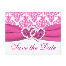 Roze, Witte Damast Harten Save the Date Briefkaart