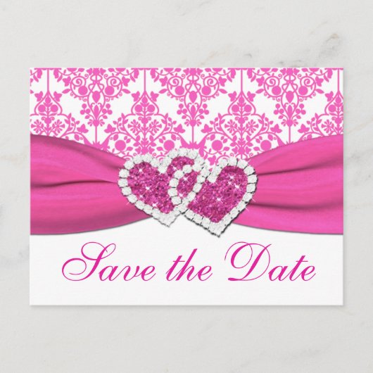 Roze, Witte Damast Harten Save the Date Briefkaart (Voorkant)