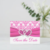 Roze, Witte Damast Harten Save the Date Briefkaart (Staand voorkant)