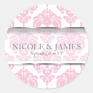 Roze & Witte Damast Houden van Trouwfeest Favor Ronde Sticker