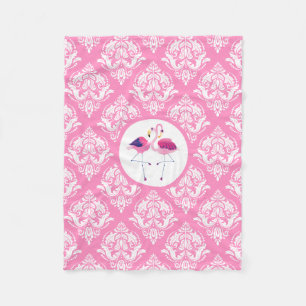 Roze & witte damast met roze en blauwe flamingo's fleece deken