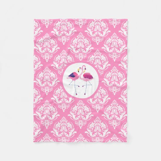 Roze & witte damast met roze en blauwe flamingo's fleece deken (Voorkant)