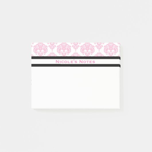 Roze & Witte Damast Patroon Moderne Gepersonalisee Post-it® Notes (Voorkant)