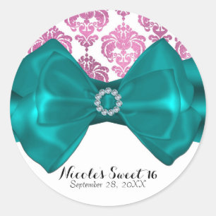 Roze & Witte Damast Turquoise Strik Glam Zoete 16 Ronde Sticker