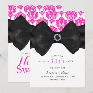Roze & Witte Damast Zwarte Strik Glam Sweet 16 Fee Kaart