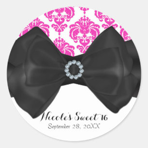 Roze & Witte Damast Zwarte Strik Glam Sweet 16 Fee Ronde Sticker