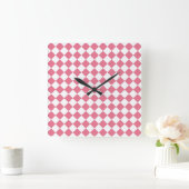 Roze Witte Diamant Checker Patroon Vierkante Klok (Huis)