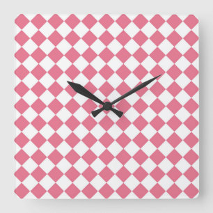 Roze Witte Diamant Checker Patroon Vierkante Klok