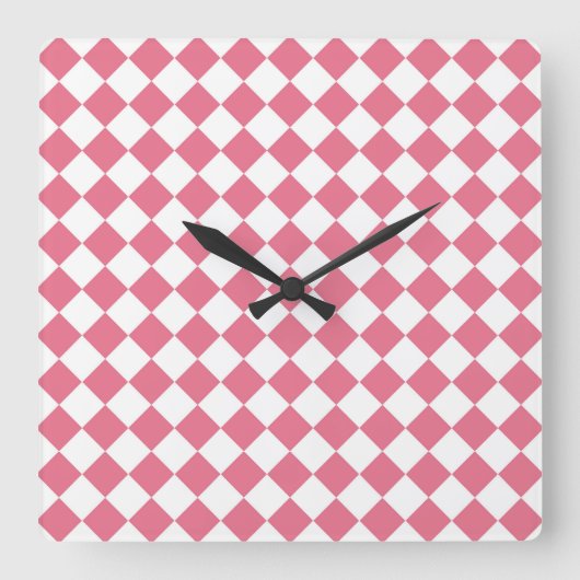 Roze Witte Diamant Checker Patroon Vierkante Klok (Voorkant)