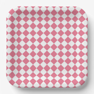 Roze Witte Diamant Schaken Patroon Papieren Bordje