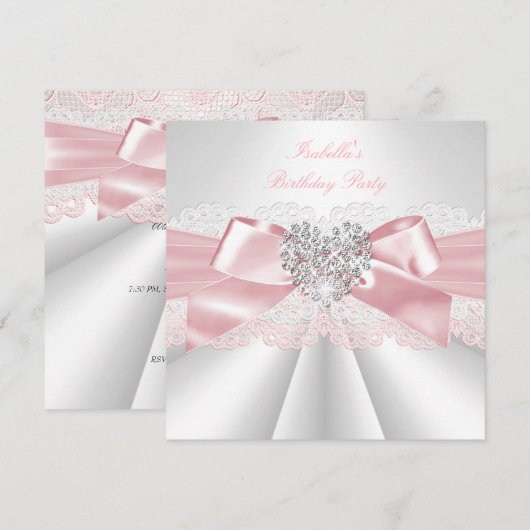 roze witte diamanthartslag Birthday Party Kaart (Voorkant / Achterkant)