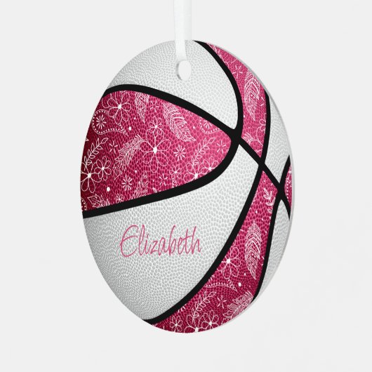roze witte doodle floral boho basketbal metalen ornament (Voorkant links)