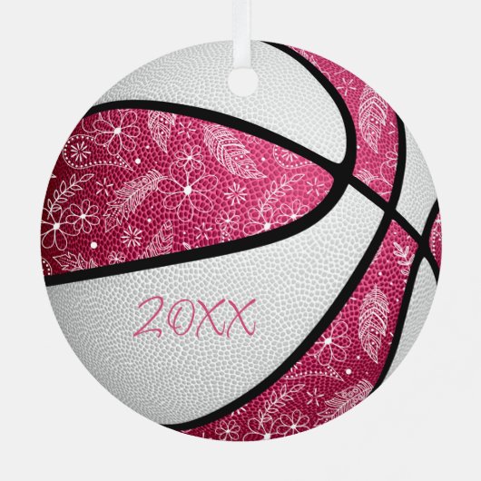 roze witte doodle floral boho basketbal metalen ornament (Achterkant)