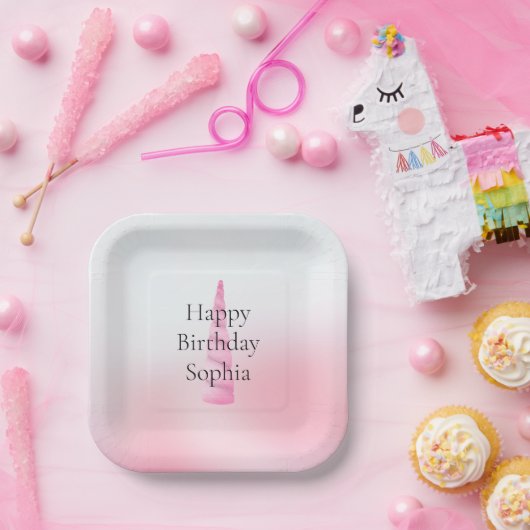 Roze Witte Eenhoorn Verjaardag Papieren Bordje (Feest)