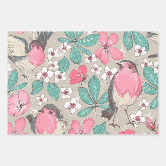 Roze witte eenvoudige bloemen en vogelgriep inpakpapier vel (Voorkant 3)
