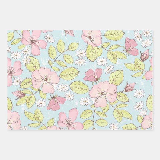 Roze witte eenvoudige bloemen en vogelgriep inpakpapier vel (Voorkant 2)