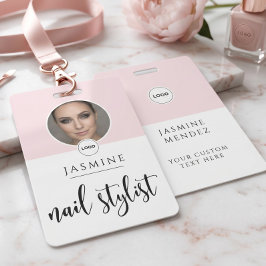 Roze Witte Elegante Foto Nagelstylist ID Badge